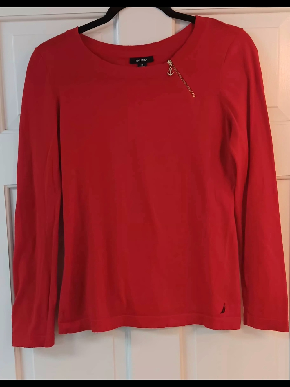 Nautica 100% Cotton Preppy Nautical Boatneck Top with Anchor Zipper